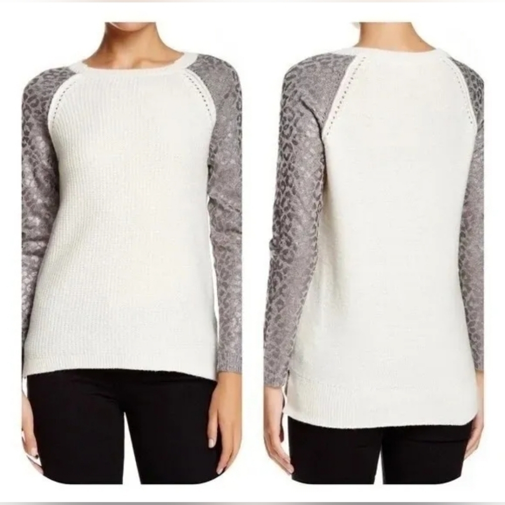 NWOT Rebecca Taylor Wool Cashmere Wildcat Printed-Sleeve Sweater S